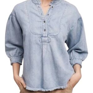 Chambray Anthropologie Holding Horses Blue Denim Frayed Fringe Popover Blouse